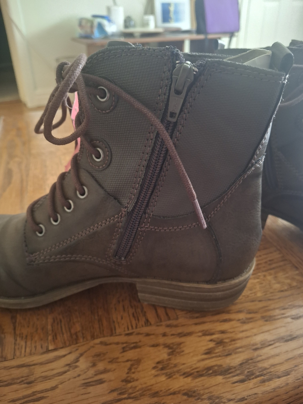 American Rag NWT Dark Brown Lace-Up Side Zip Boot with Camo Lining - Picture 5 of 8